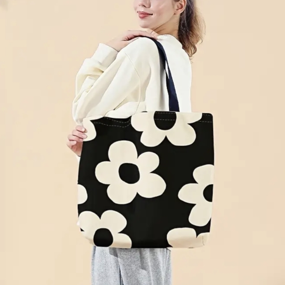 Beach Bag Large Carryall Tote Bags Purse Black White Floral Waterproof Totes - Picture 3 of 8